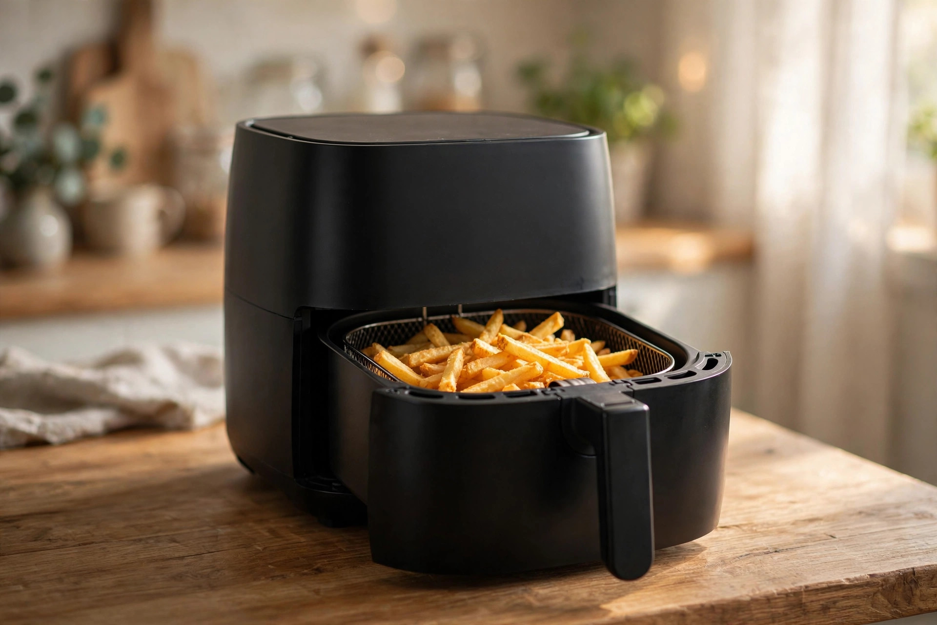 Air fryer with the basket open showing golden fries, on a wooden kitchen counter