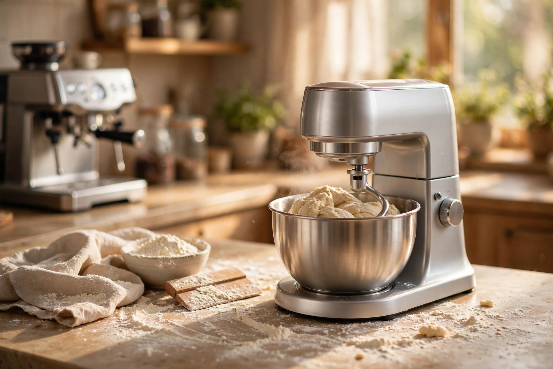 Stand mixer kneading bread dough in a sunlit kitchen, espresso machine behind it