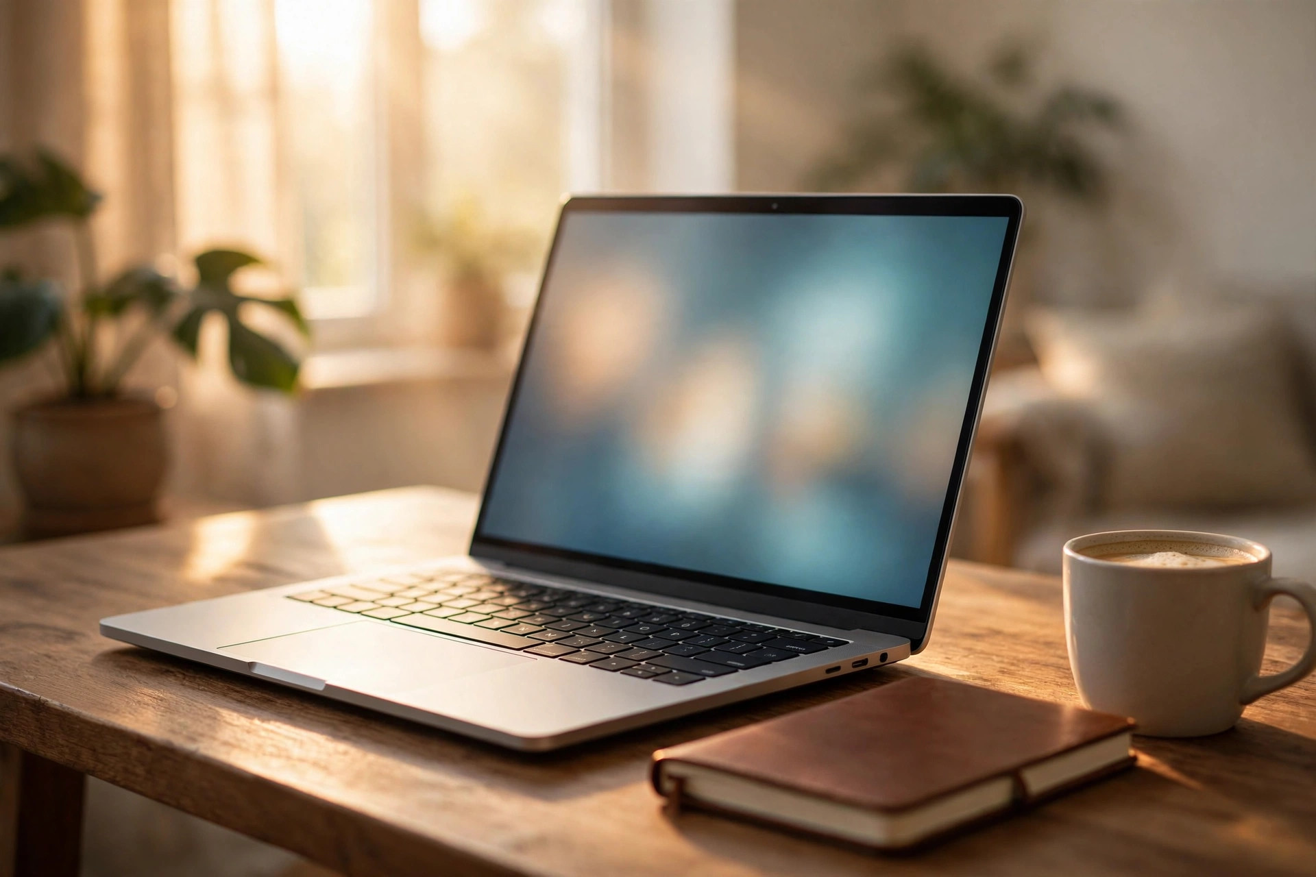 Open laptop on a wooden desk in a sunlit home office with a notebook and coffee mug