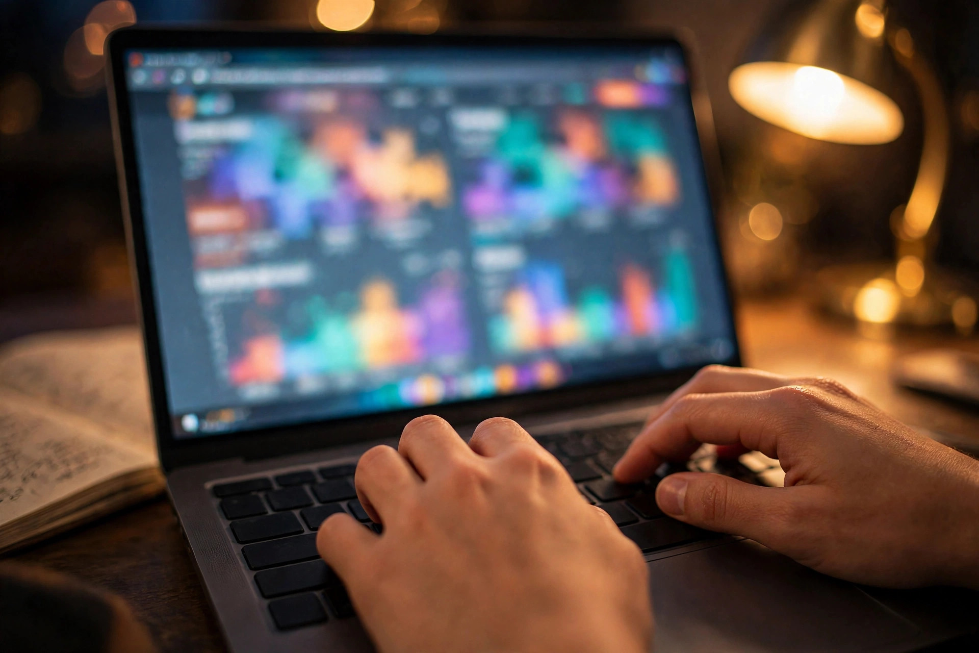 Hands typing on a laptop keyboard while comparing deals on screen under a warm desk lamp