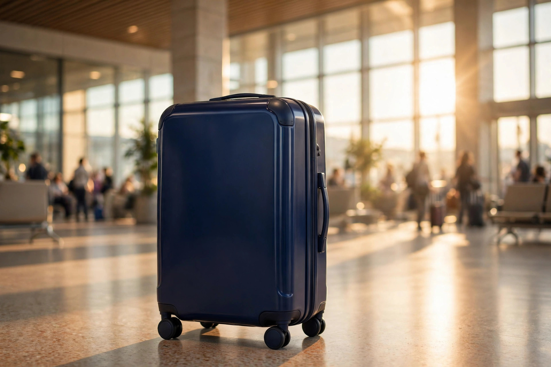 A navy hard-shell carry-on spinner suitcase standing in a sunlit airport terminal