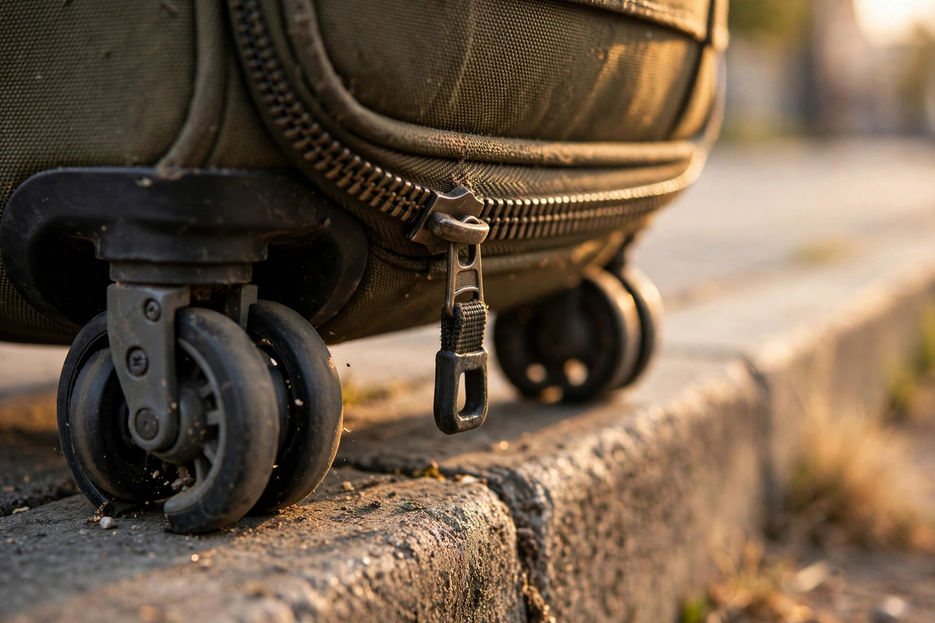 Close-up of a suitcase’s double spinner wheels and a chunky heavy-duty zipper