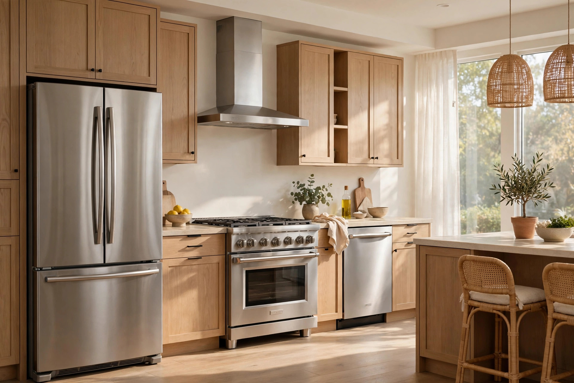 A matching stainless steel French-door refrigerator, range, and dishwasher arranged as a kitchen suite in a bright showroom