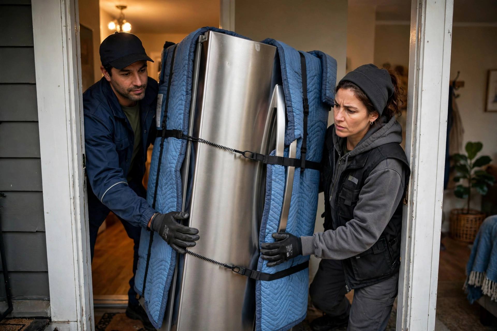 Two delivery workers carefully maneuvering a wrapped stainless steel refrigerator through a narrow home doorway