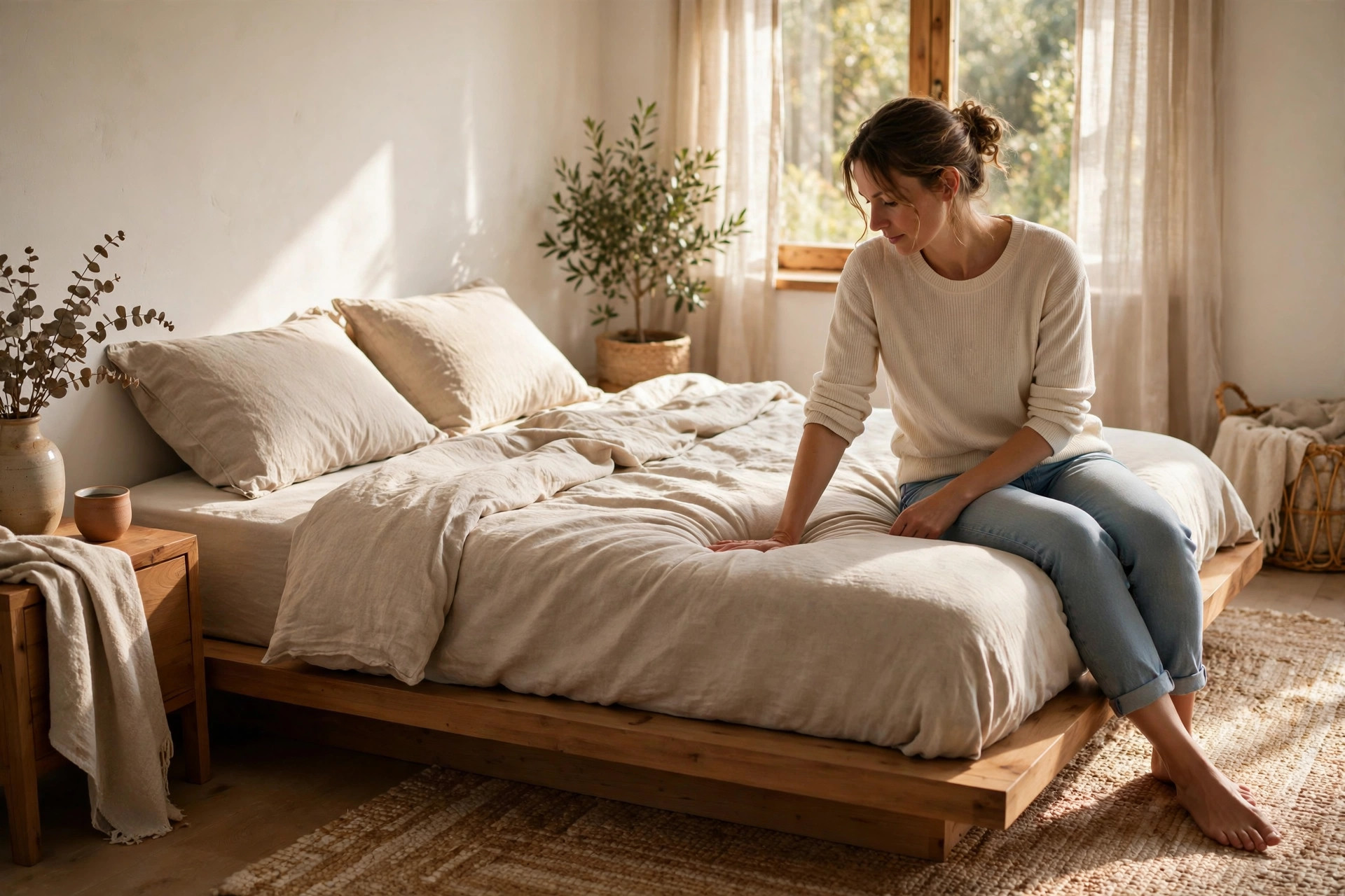 A person sitting on the edge of a hybrid mattress on a low wooden platform bed in a sunlit bedroom, testing its firmness