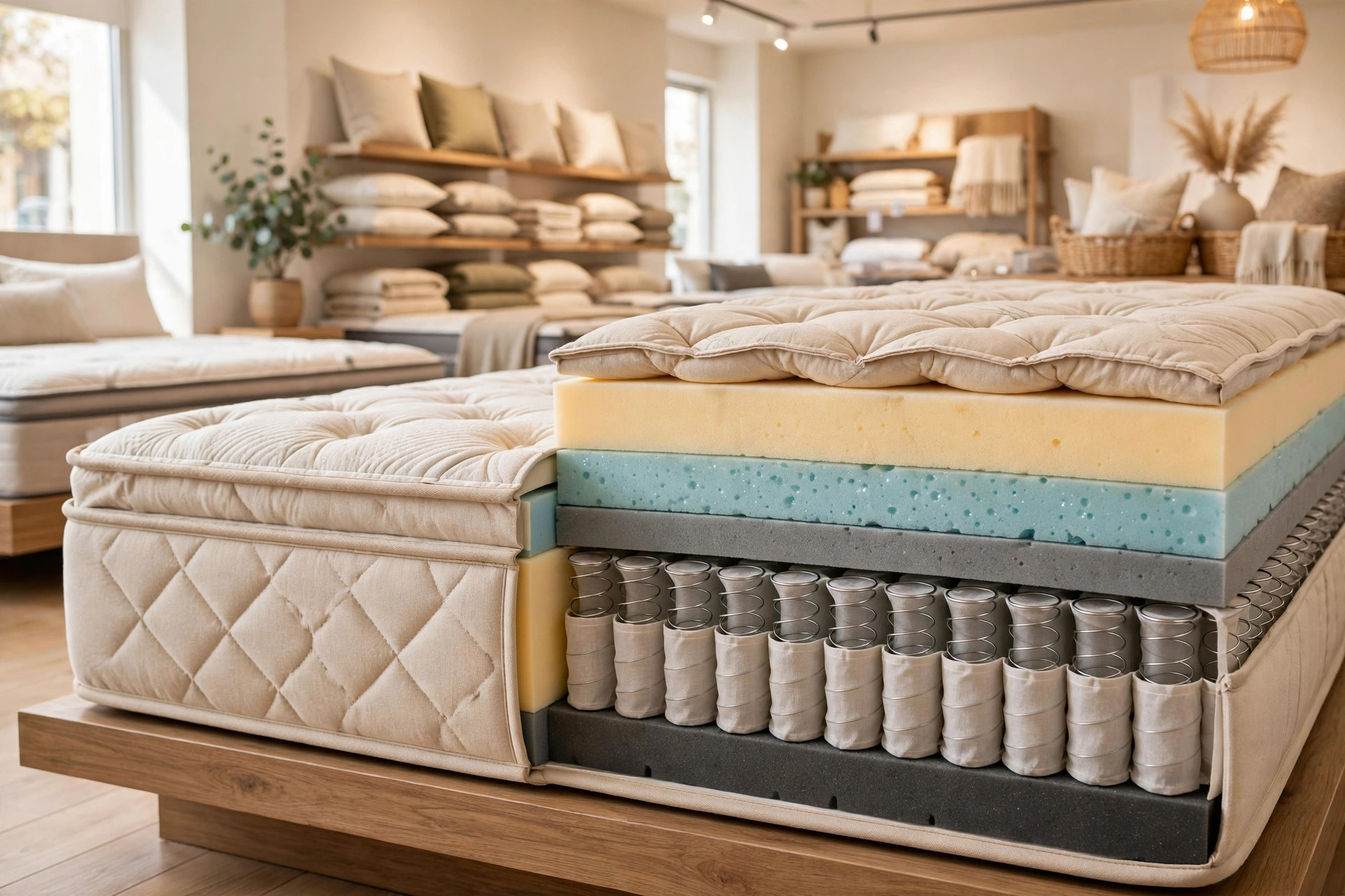 A cross-section display of a hybrid mattress showing its comfort foam layers over a pocketed coil base