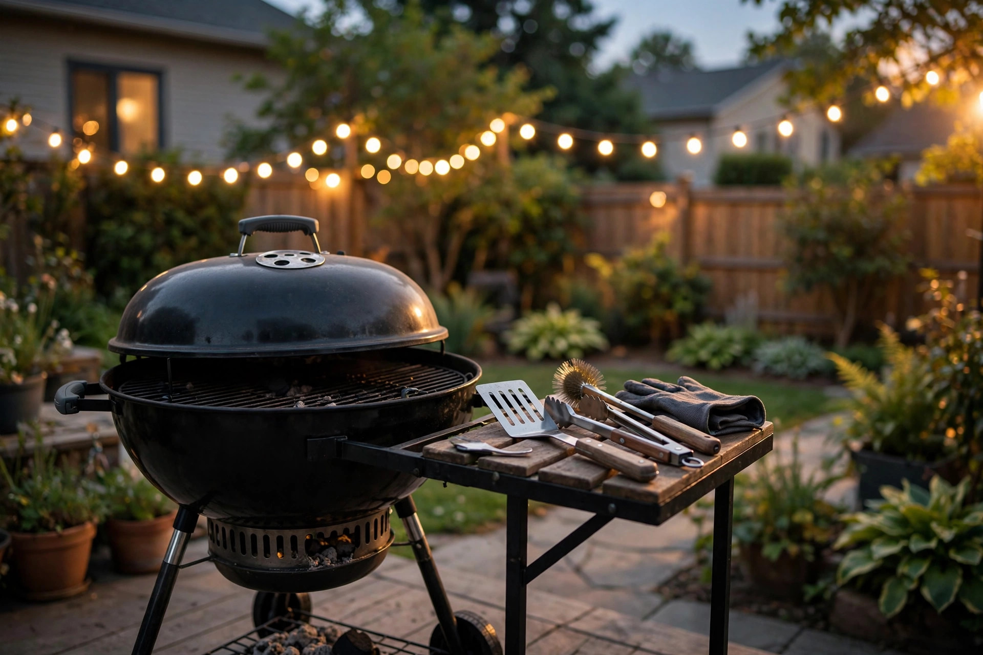 Charcoal kettle grill with grilling tools on a patio at dusk