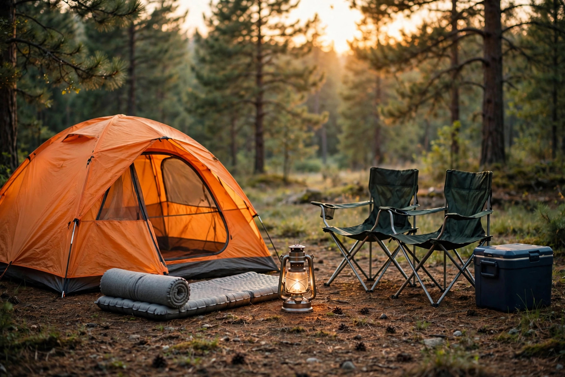 Orange dome tent with camping chairs, lantern and cooler in a forest clearing
