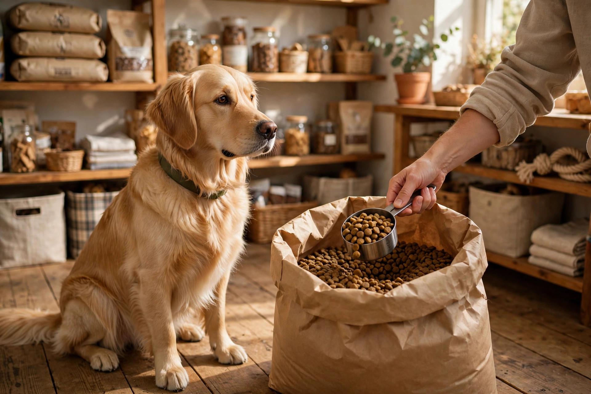 A golden retriever watching as its owner scoops dry dog food with a metal measure from a large bag in a sunlit pantry