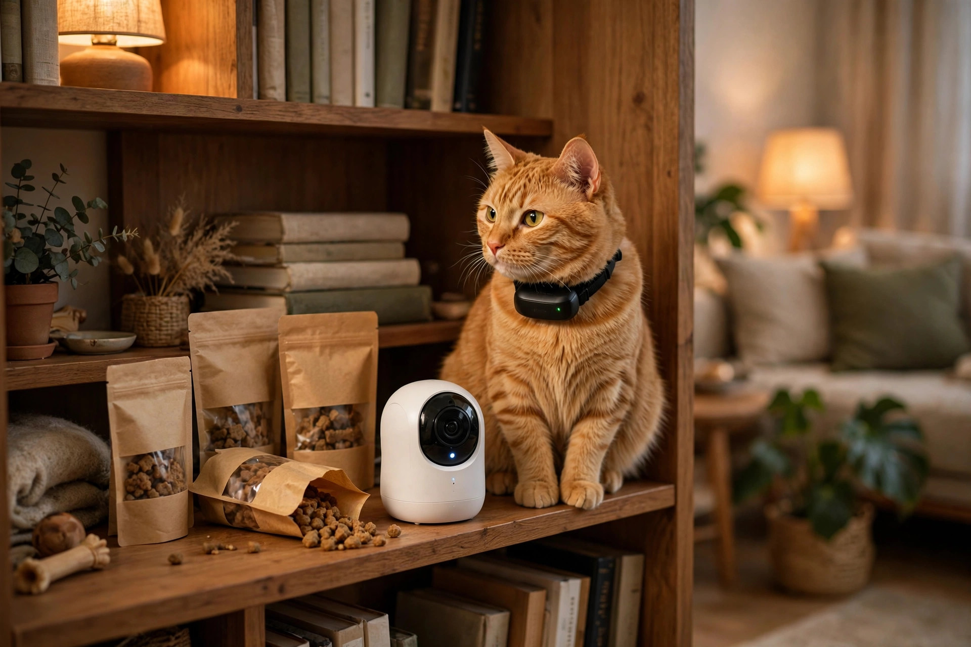An orange tabby cat wearing a GPS tracker collar beside a pet camera and treat bags on a bookshelf