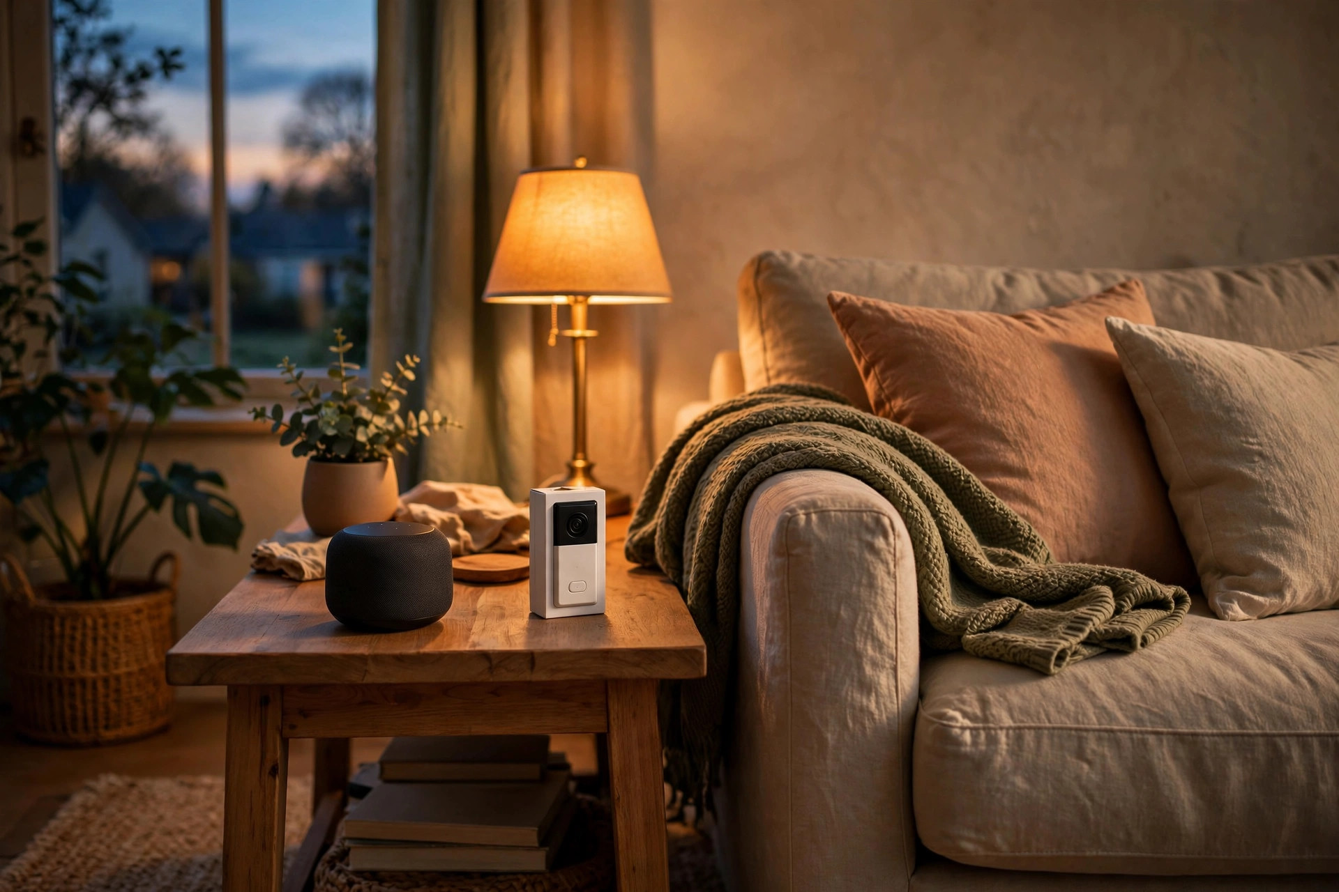 Smart speaker and video doorbell on a wooden side table in a cozy living room at dusk