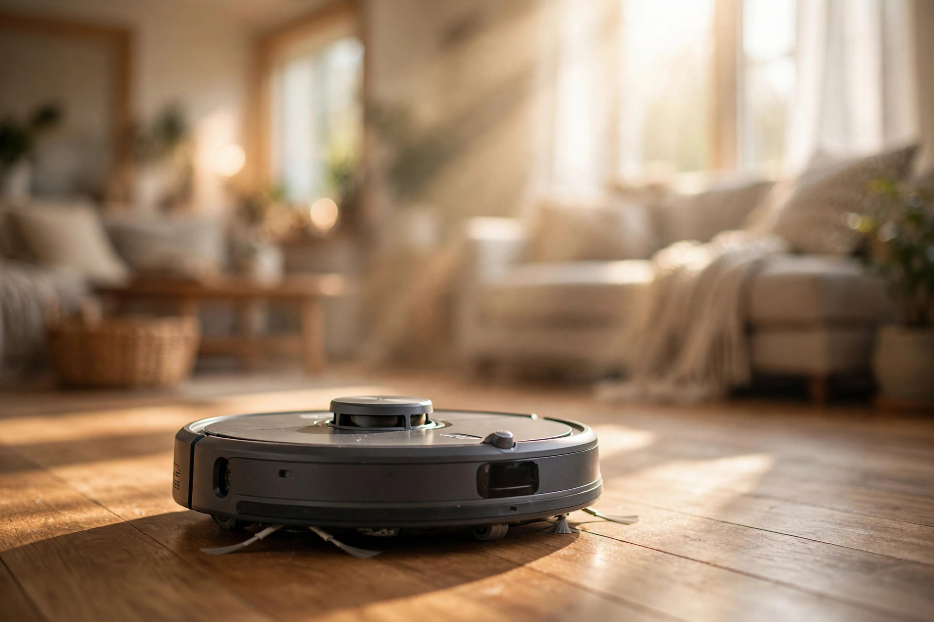 Robot vacuum gliding across a hardwood floor in a sunlit living room