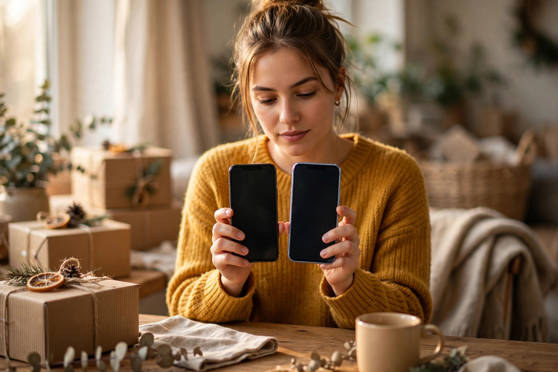 A shopper comparing two smartphones side by side at a table with holiday gift boxes nearby