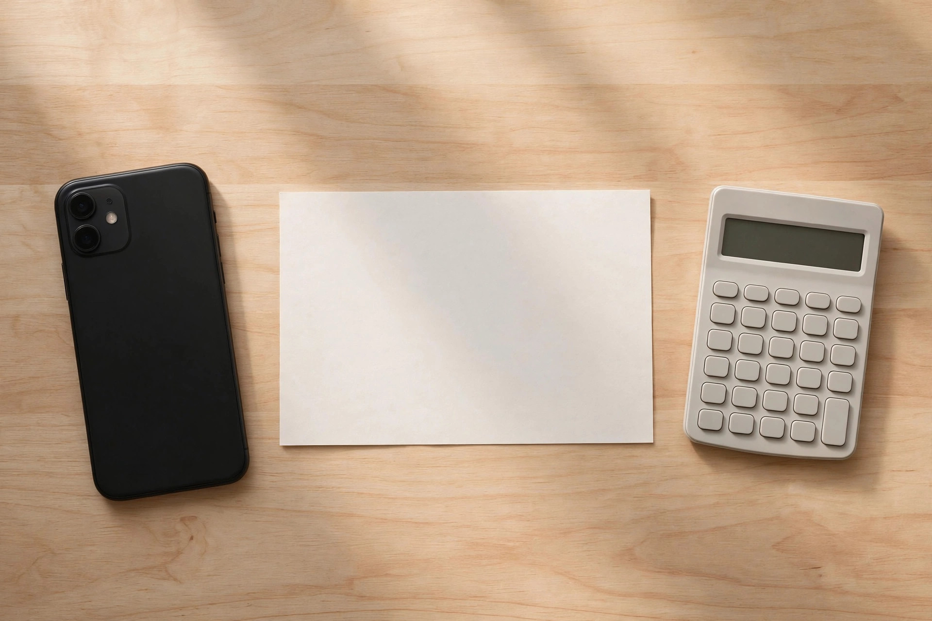 A smartphone next to a blank bill and a calculator on a wooden desk, seen from above