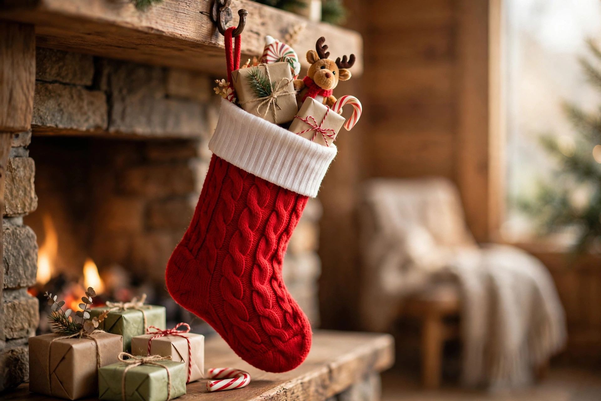 Red knit Christmas stocking overflowing with small wrapped gifts and a candy cane by the fireplace