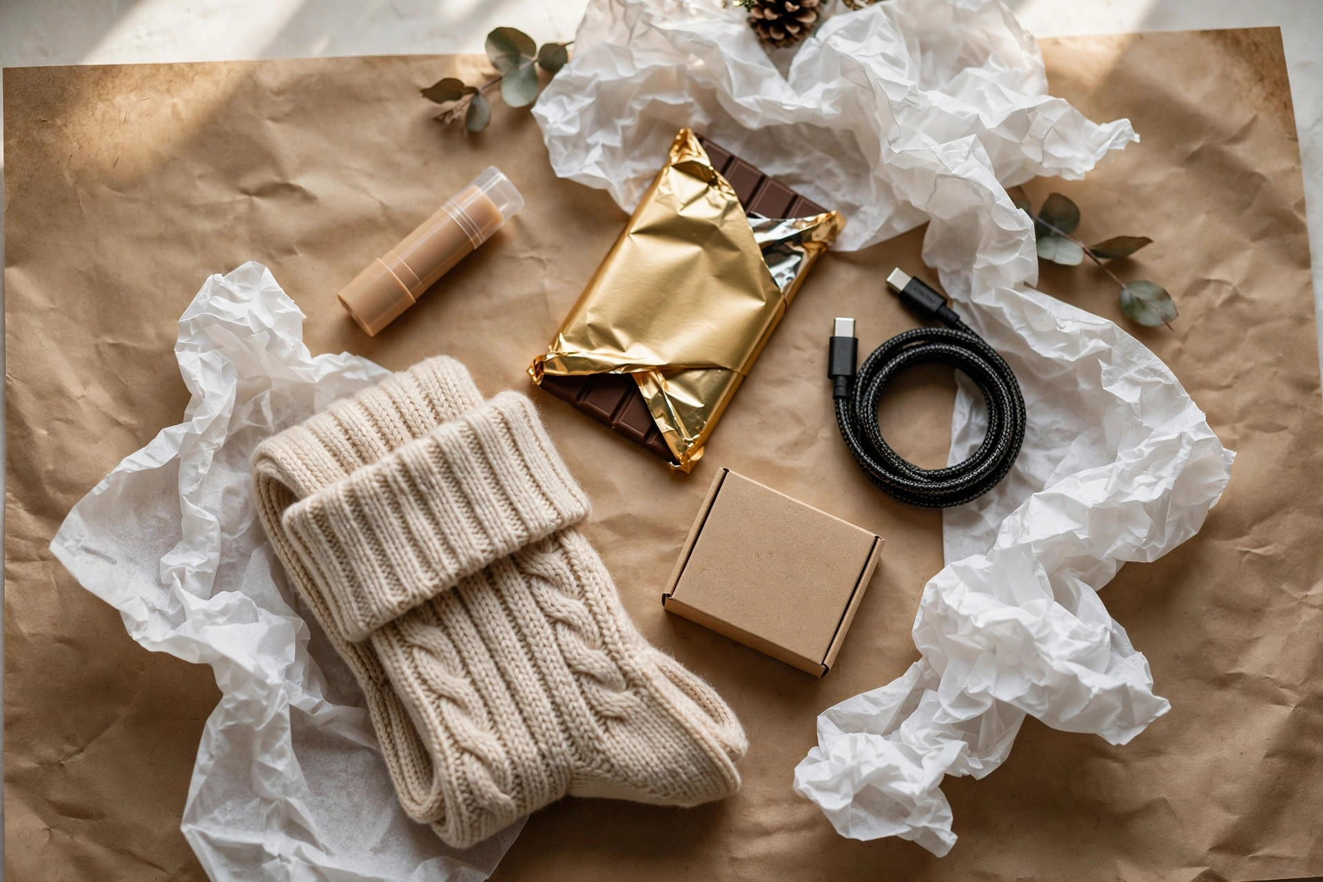 Flat-lay of stocking-sized gifts: chocolate, lip balm, a braided cable, knit socks and a small box