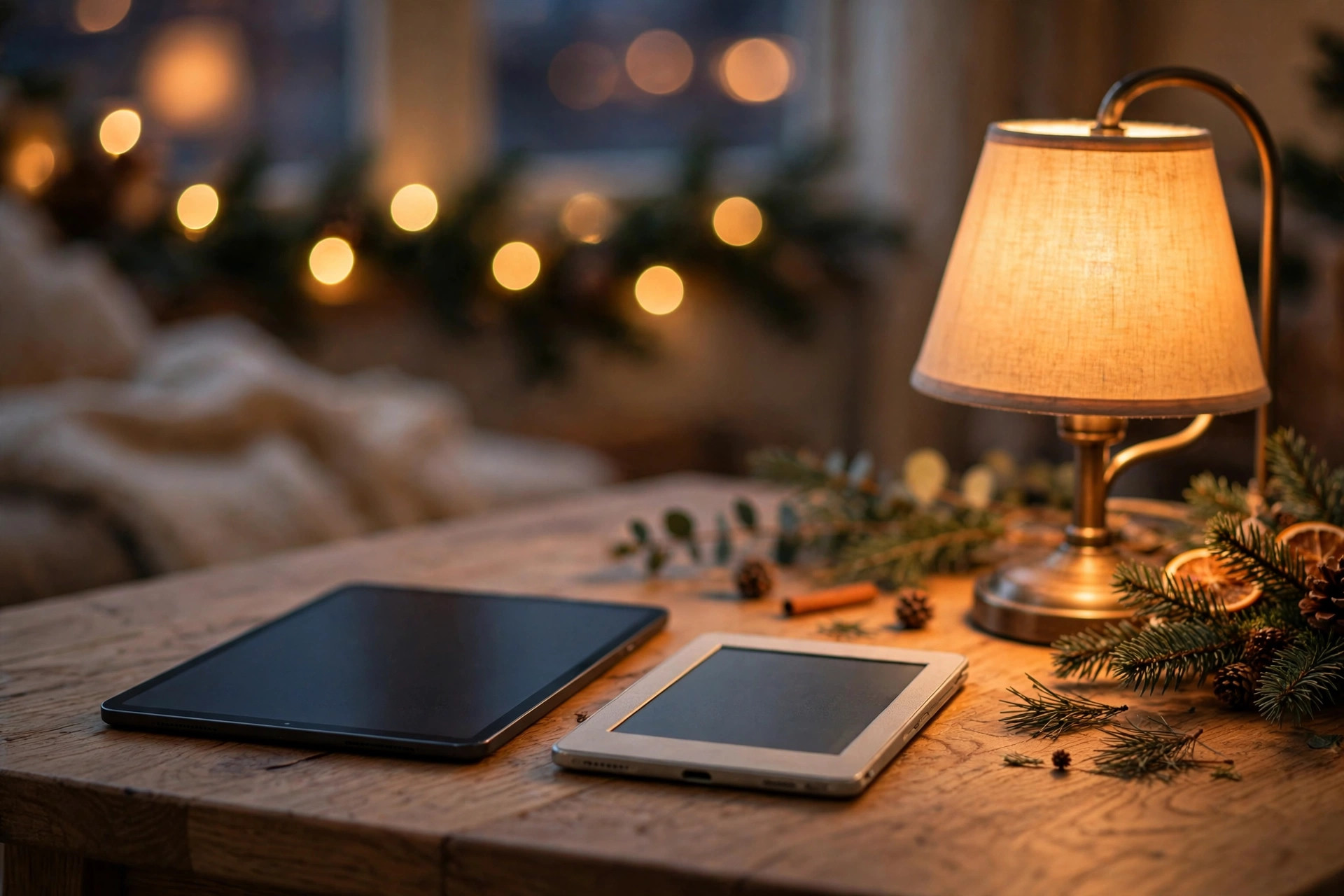 A tablet and an e-reader side by side on a wooden desk beside a glowing reading lamp