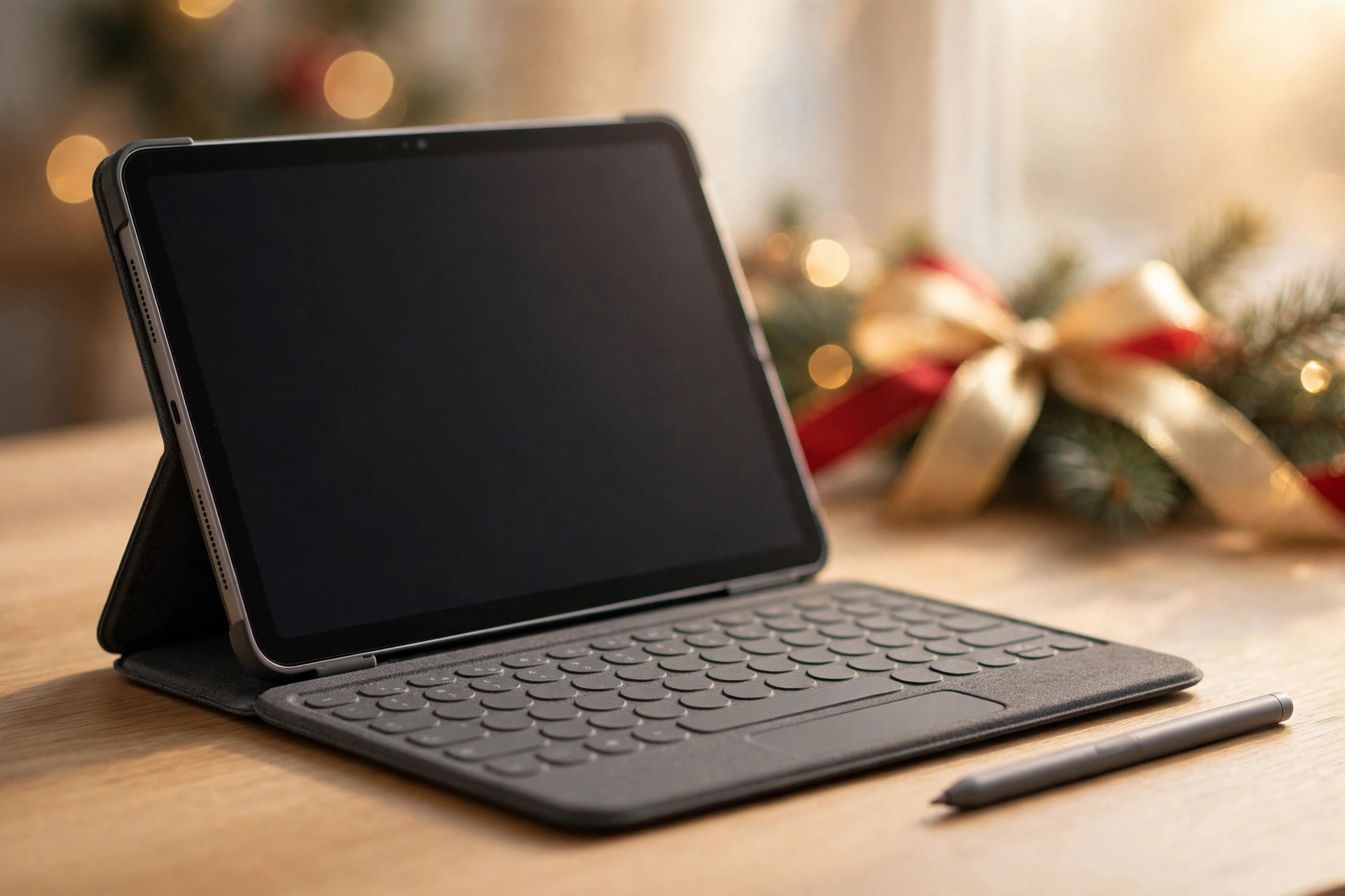 A tablet in a keyboard case with a stylus resting beside it on a desk
