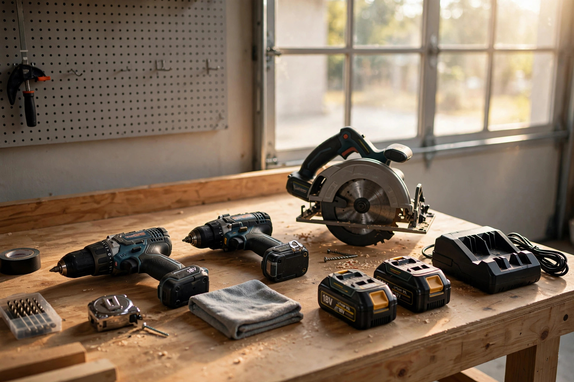 Cordless drill, impact driver, circular saw, batteries and a charger arranged on a garage workbench