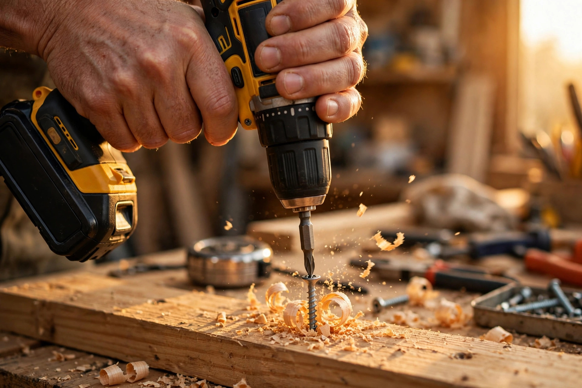 Hands driving a screw into a wooden plank with a cordless drill, wood shavings flying