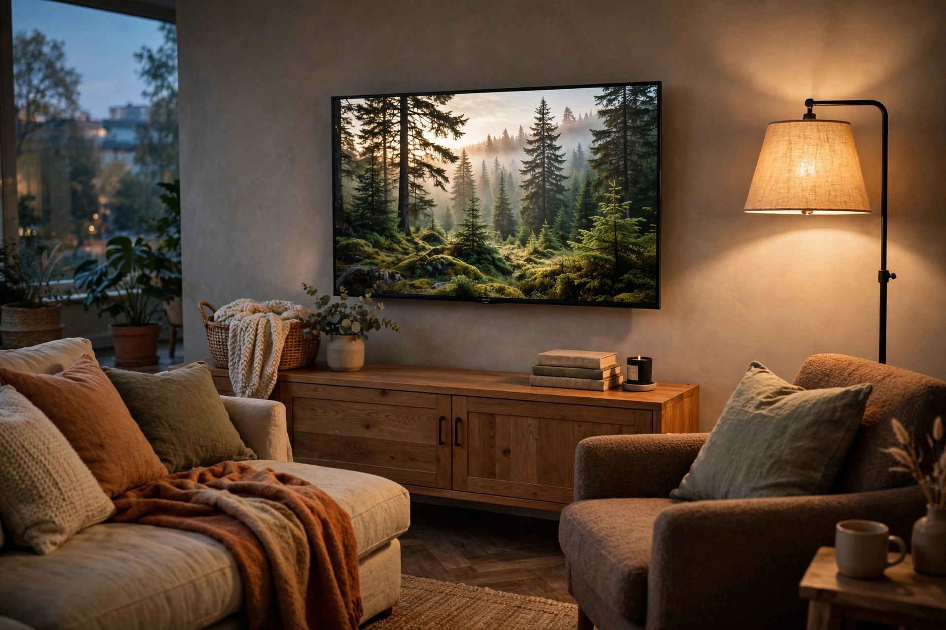 Wall-mounted flat-screen TV glowing with a forest nature scene in a warm, lamp-lit living room at dusk
