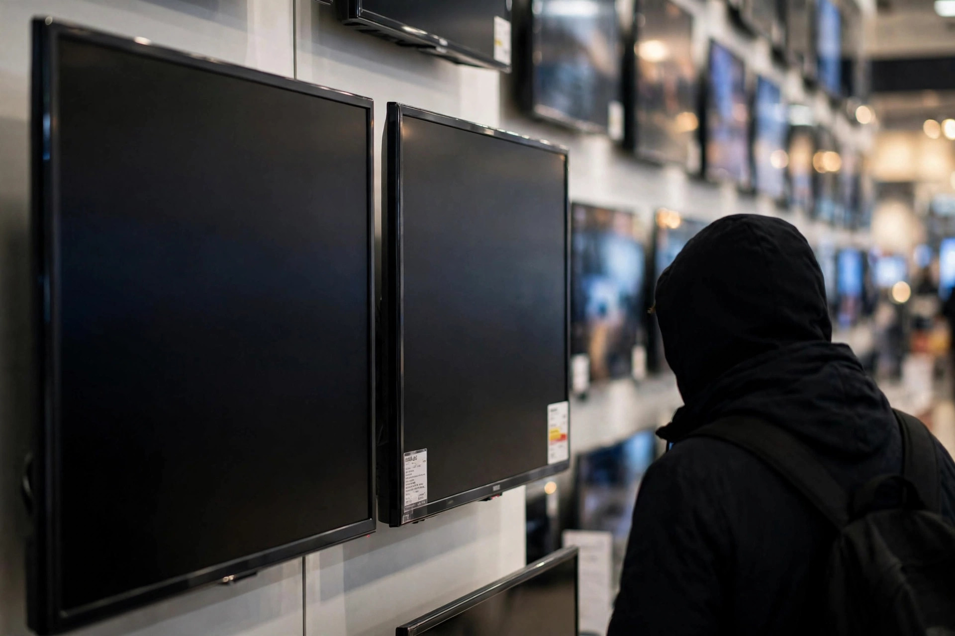 Shopper comparing two flat-screen TVs side by side on a retail display wall, reading a spec sticker