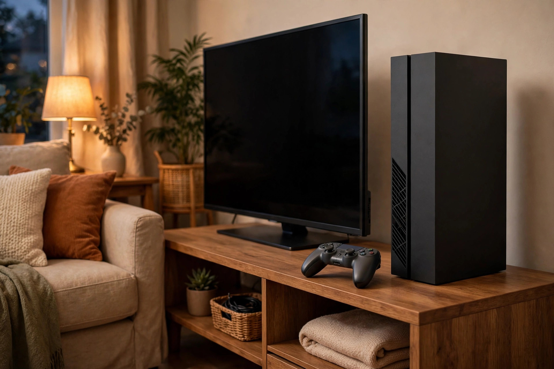 Game console and controller on a wooden media stand next to a TV in a cozy living room