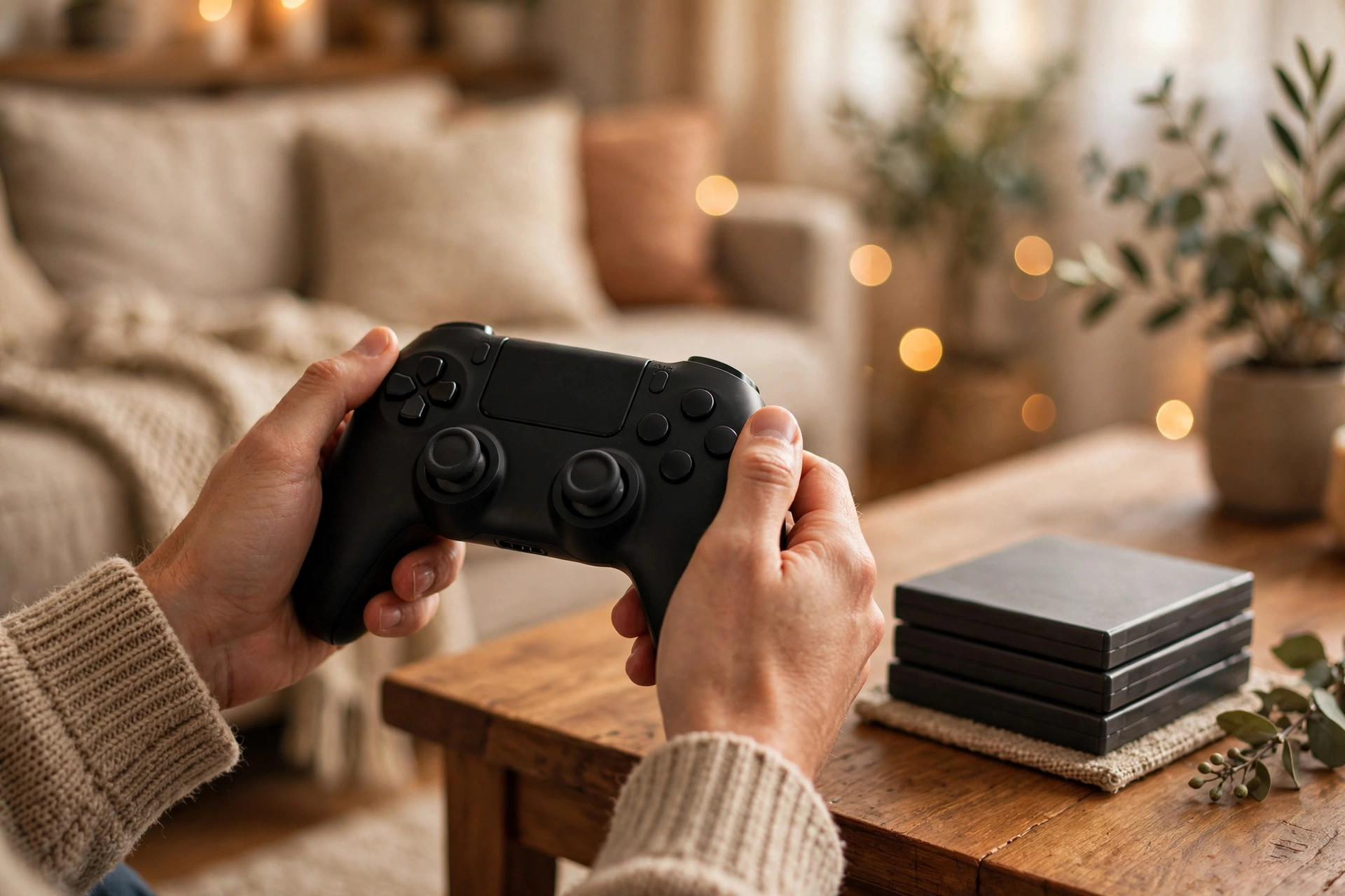 Hands holding a game controller over a coffee table with a small stack of game cases