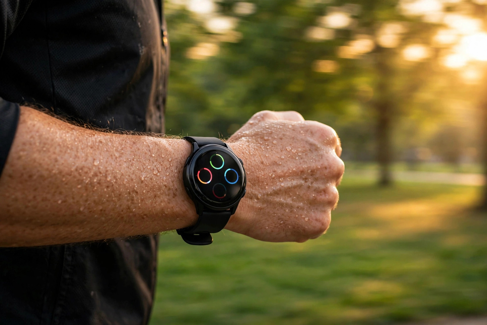 Smartwatch on a runner’s wrist during a morning jog through a park