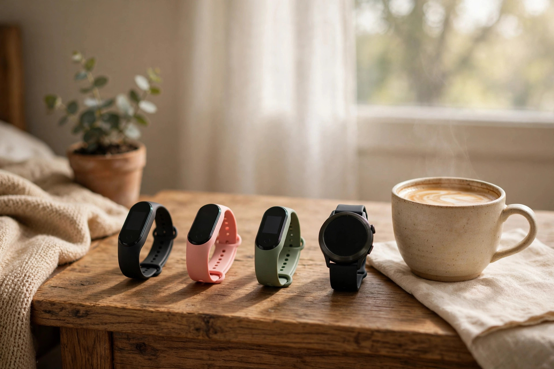 Three fitness trackers and a smartwatch lined up on a bedside table next to a coffee cup