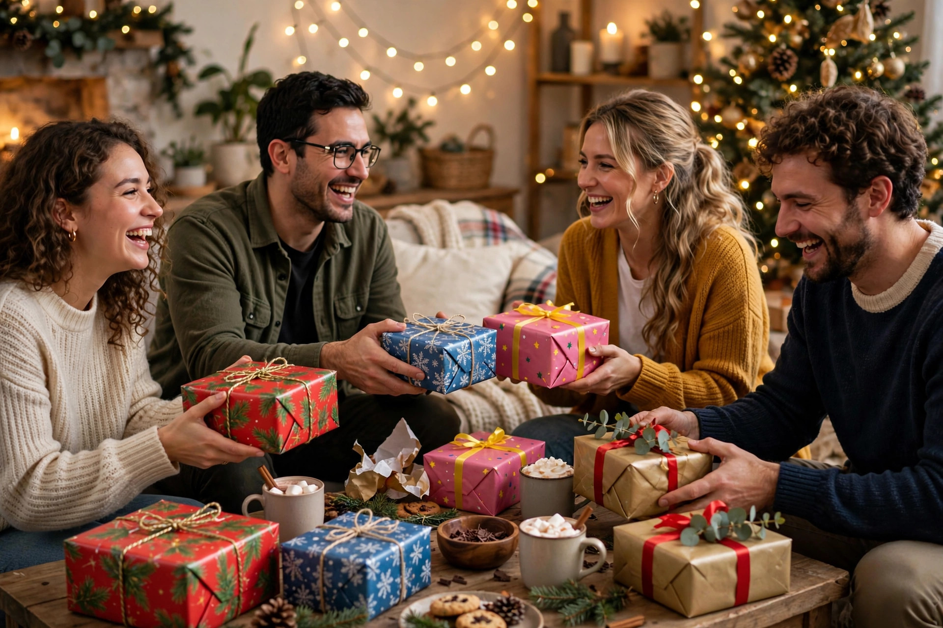 Friends laughing as they swap brightly wrapped gifts around a coffee table at a holiday party
