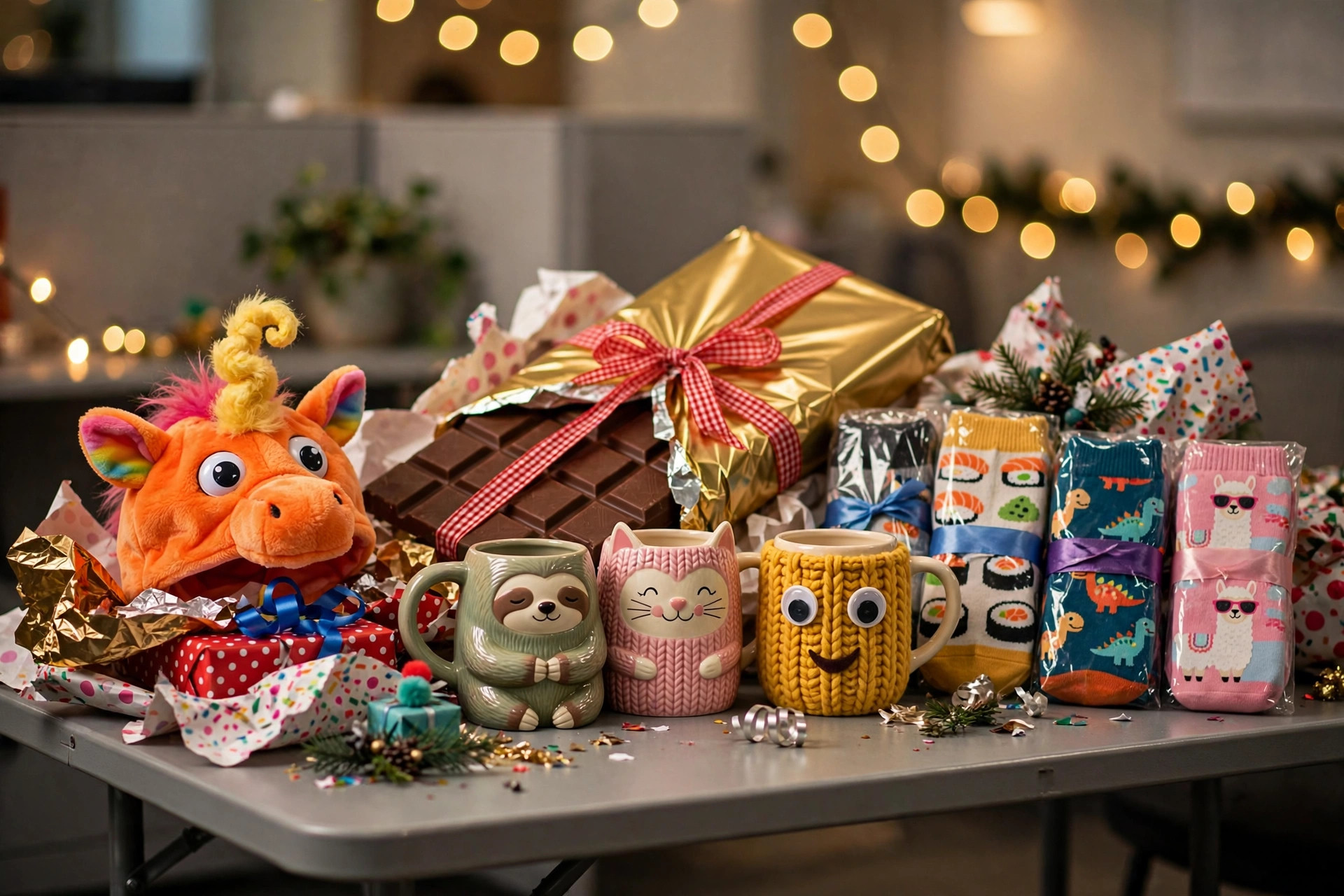 A table of silly wrapped white elephant gifts: novelty animal mugs, a plush creature, funny socks, and a giant chocolate bar