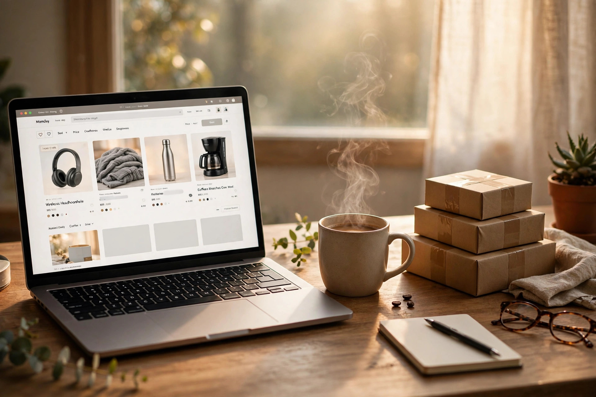 A laptop showing online shopping deals on a desk with a coffee mug and stacked delivery boxes