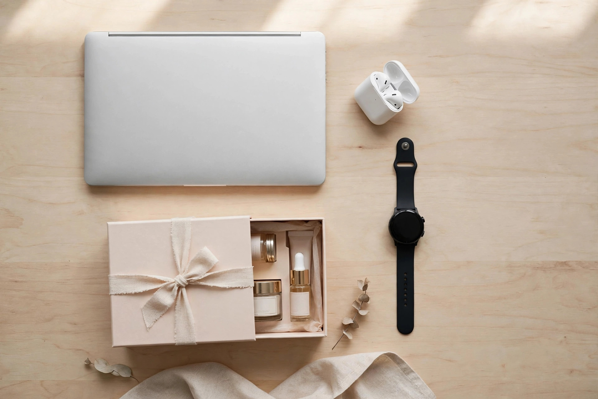 A flat-lay of a slim laptop, wireless earbuds, a smartwatch, and a beauty gift set on a wooden table