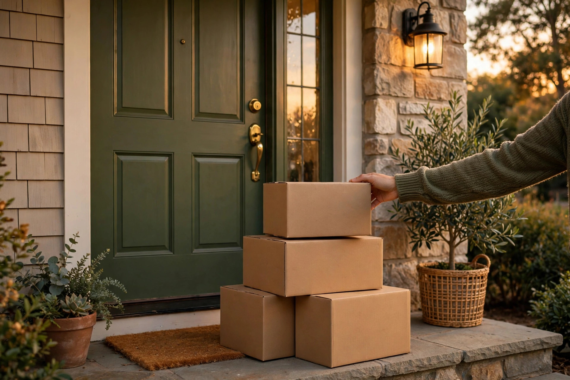 A stack of cardboard delivery boxes by a front door in soft golden evening light