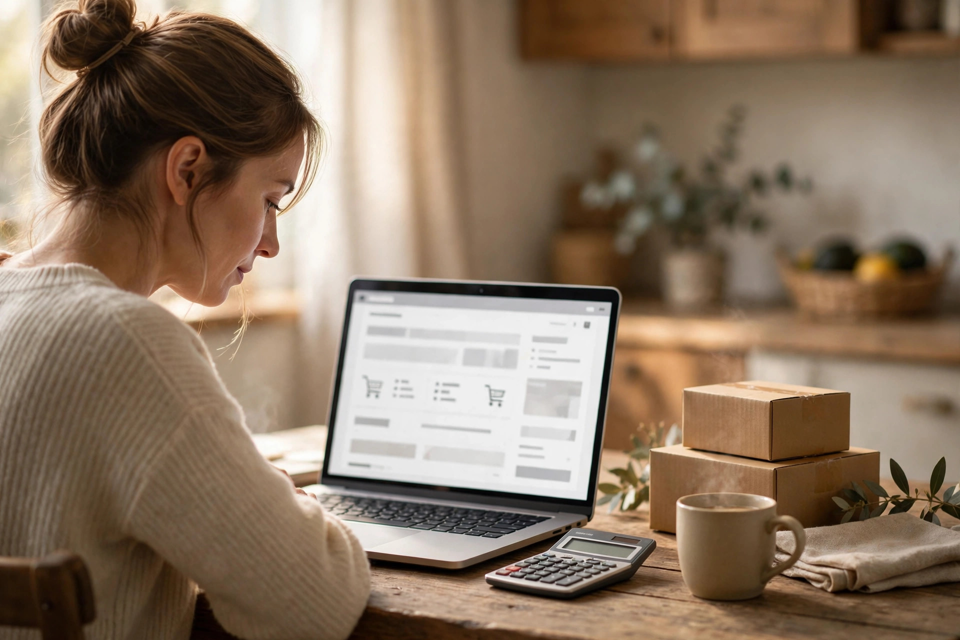 A shopper at a wooden kitchen table in soft morning light, laptop open on an online shopping cart checkout page, a handheld calculator and small cardboard shipping boxes beside it