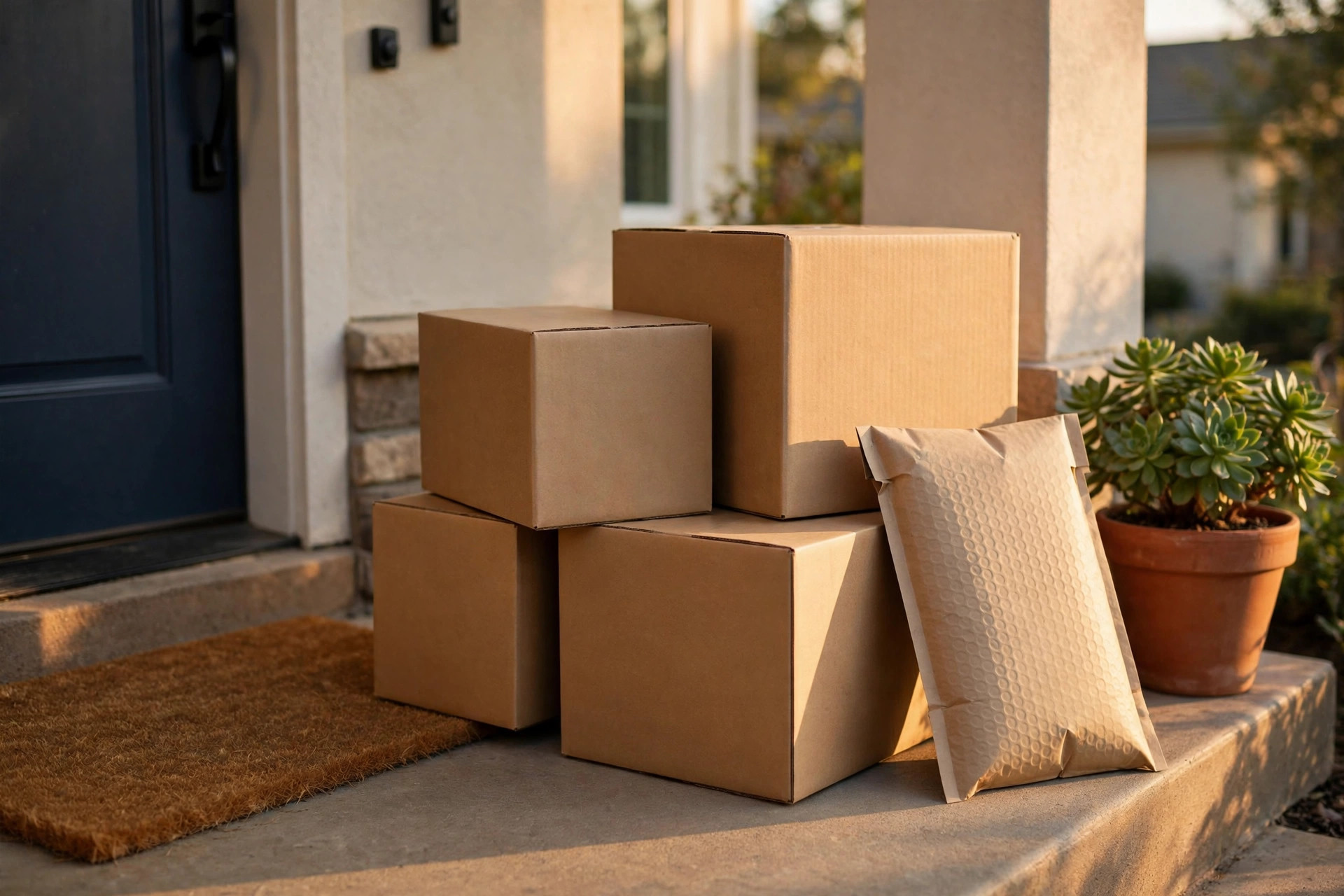 Cardboard shipping boxes and a padded mailer piled on a home doorstep in late afternoon light, beside a potted plant