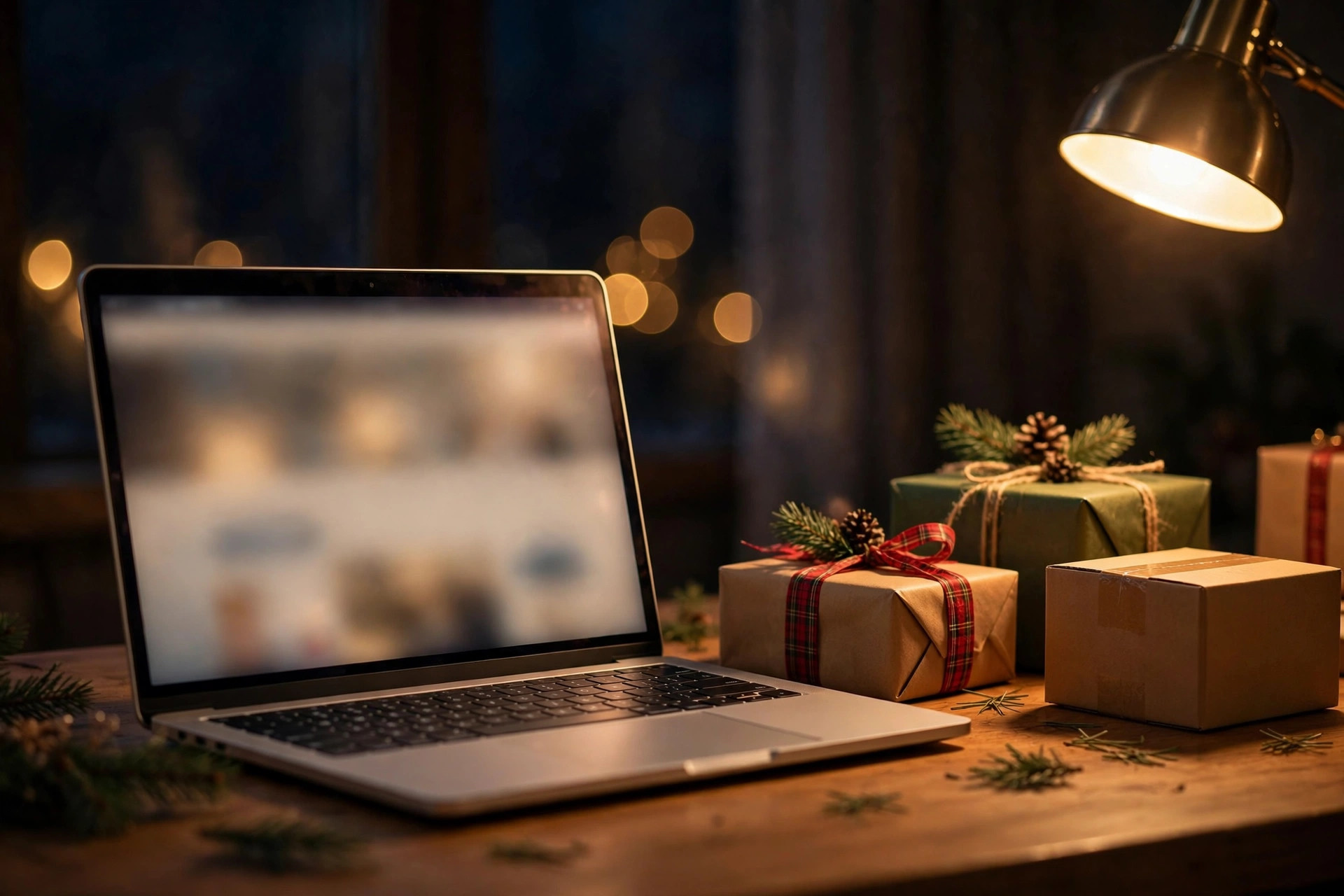 Laptop on a desk at night showing a shopping page beside wrapped Christmas gifts