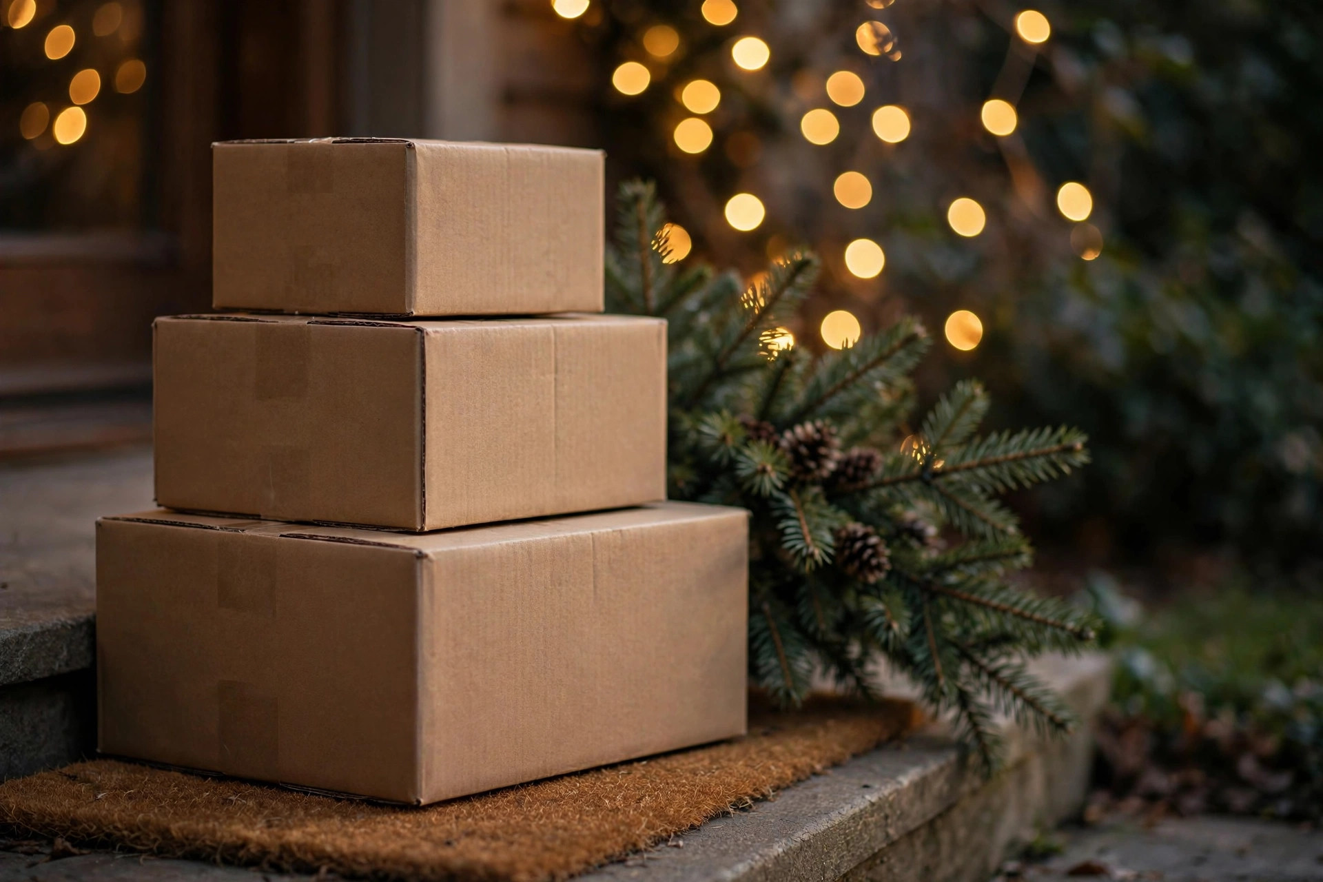 Stacked cardboard shipping boxes on a doorstep with Christmas lights in the background