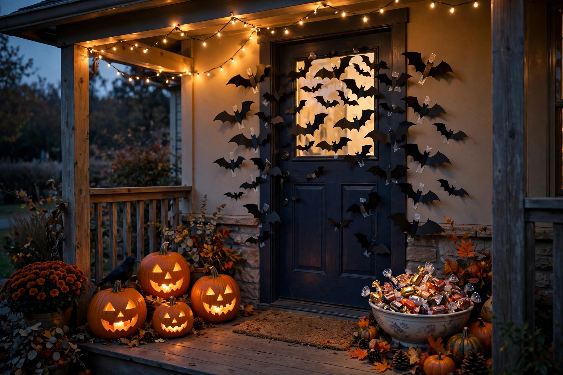 Front porch decorated for Halloween at dusk with glowing jack-o-lanterns, paper bats, string lights and a bowl of wrapped candy