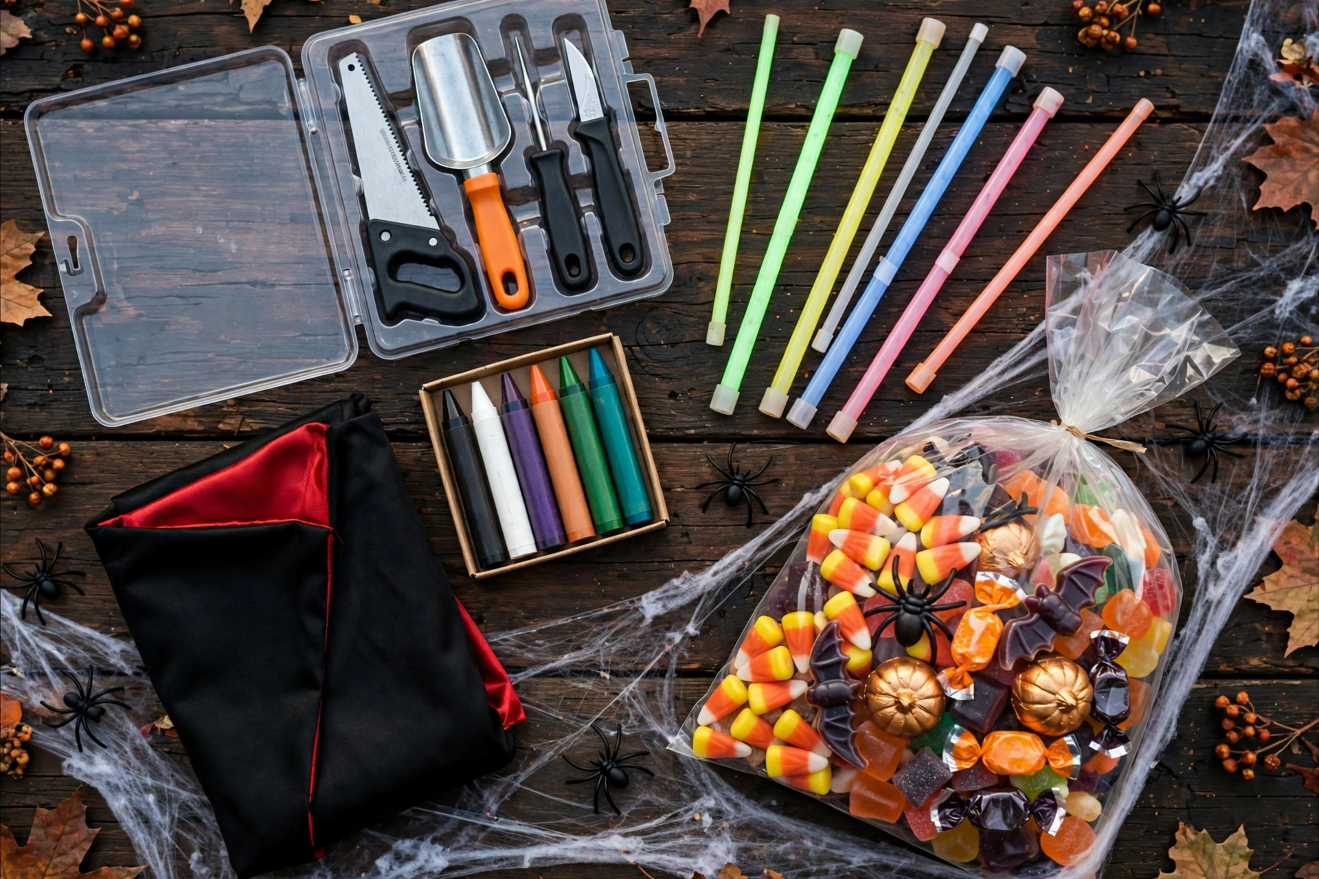 Flat-lay of Halloween supplies: pumpkin carving kit, glow sticks, face paint, a bag of assorted candy and a folded cape costume