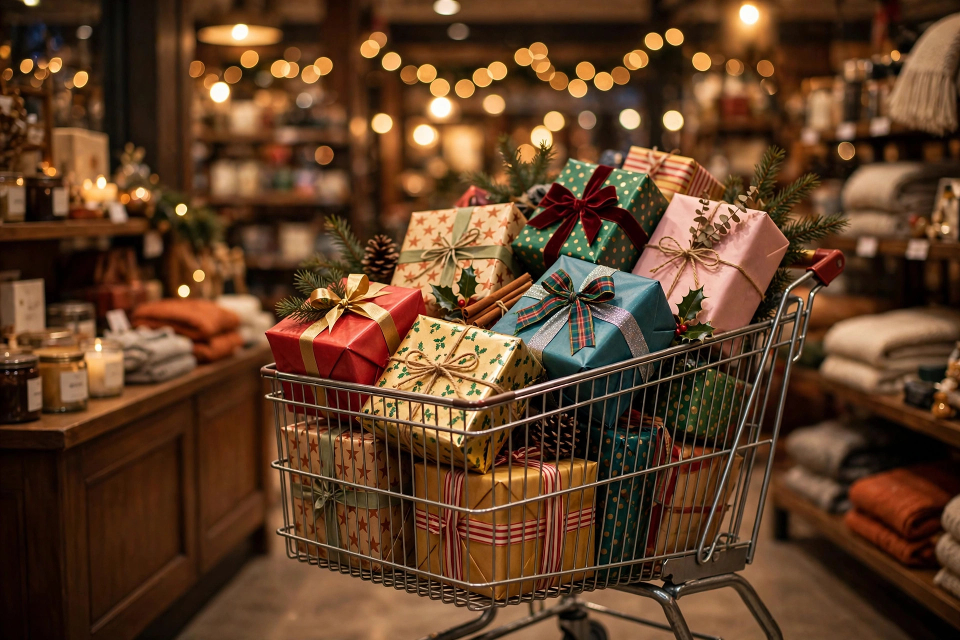 A shopping cart full of colorfully wrapped holiday gifts inside a store with warm glowing lights