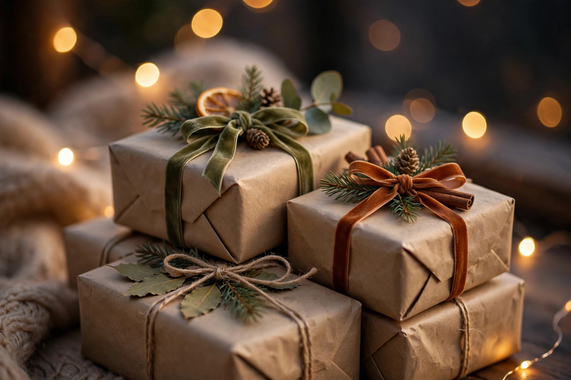 Wrapped holiday packages with ribbon and glowing string lights in a cozy evening scene