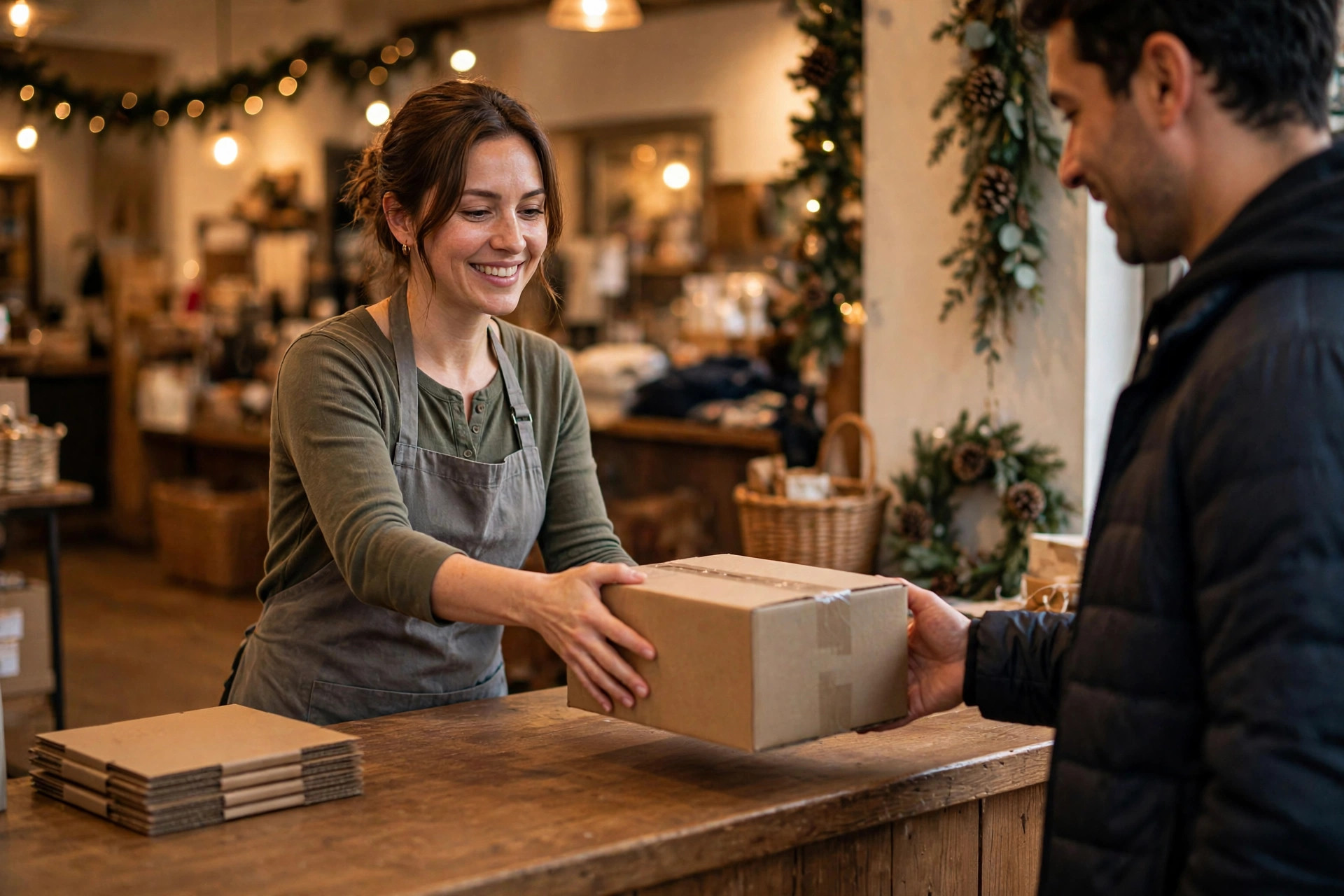 A store clerk in an apron handing a neatly taped return box across a wooden counter to a customer, holiday garlands glowing in the background