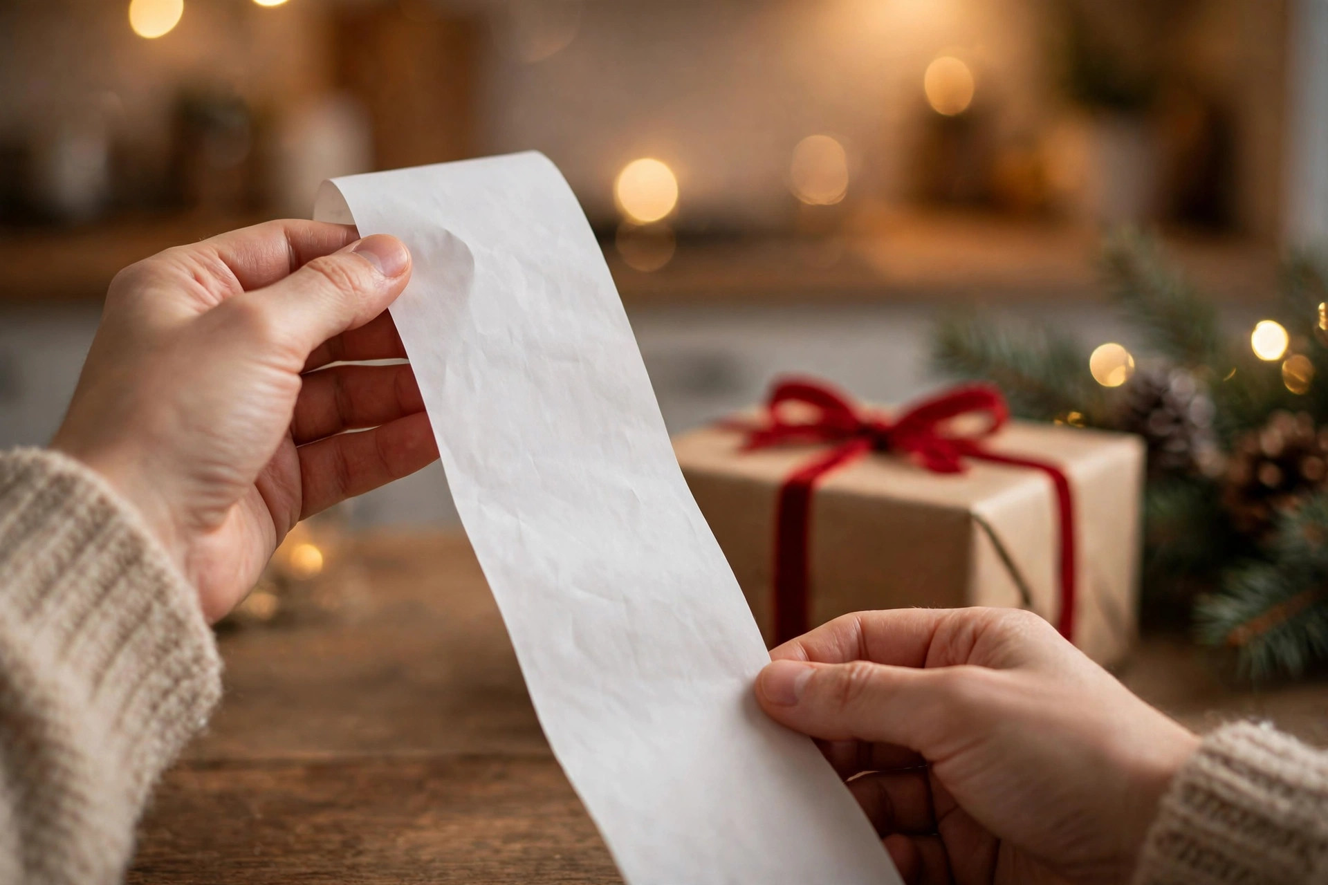 Hands holding a long paper receipt beside a wrapped gift box with a red ribbon on a wooden table