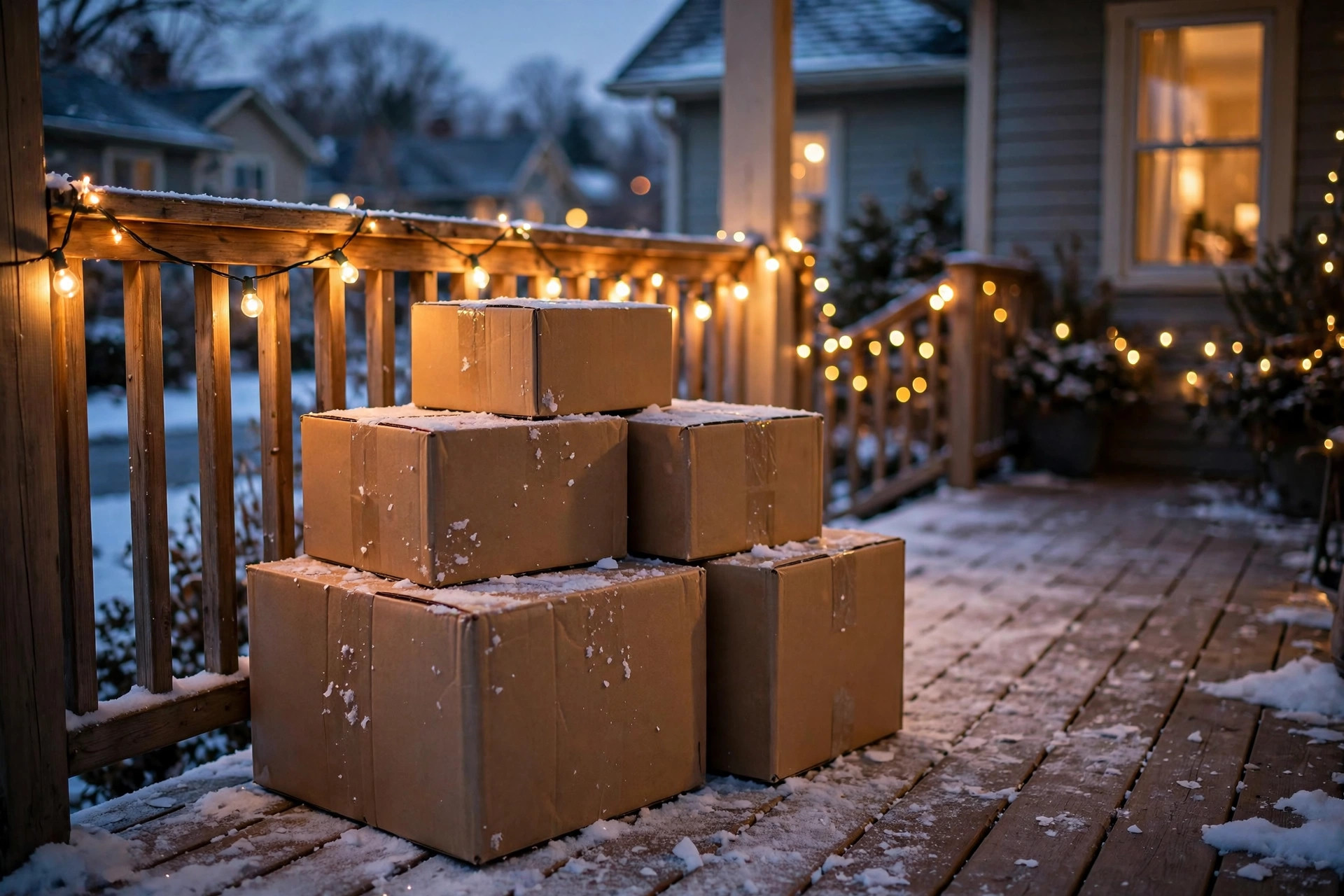 Stacked cardboard shipping boxes on a snowy porch at dusk under holiday string lights