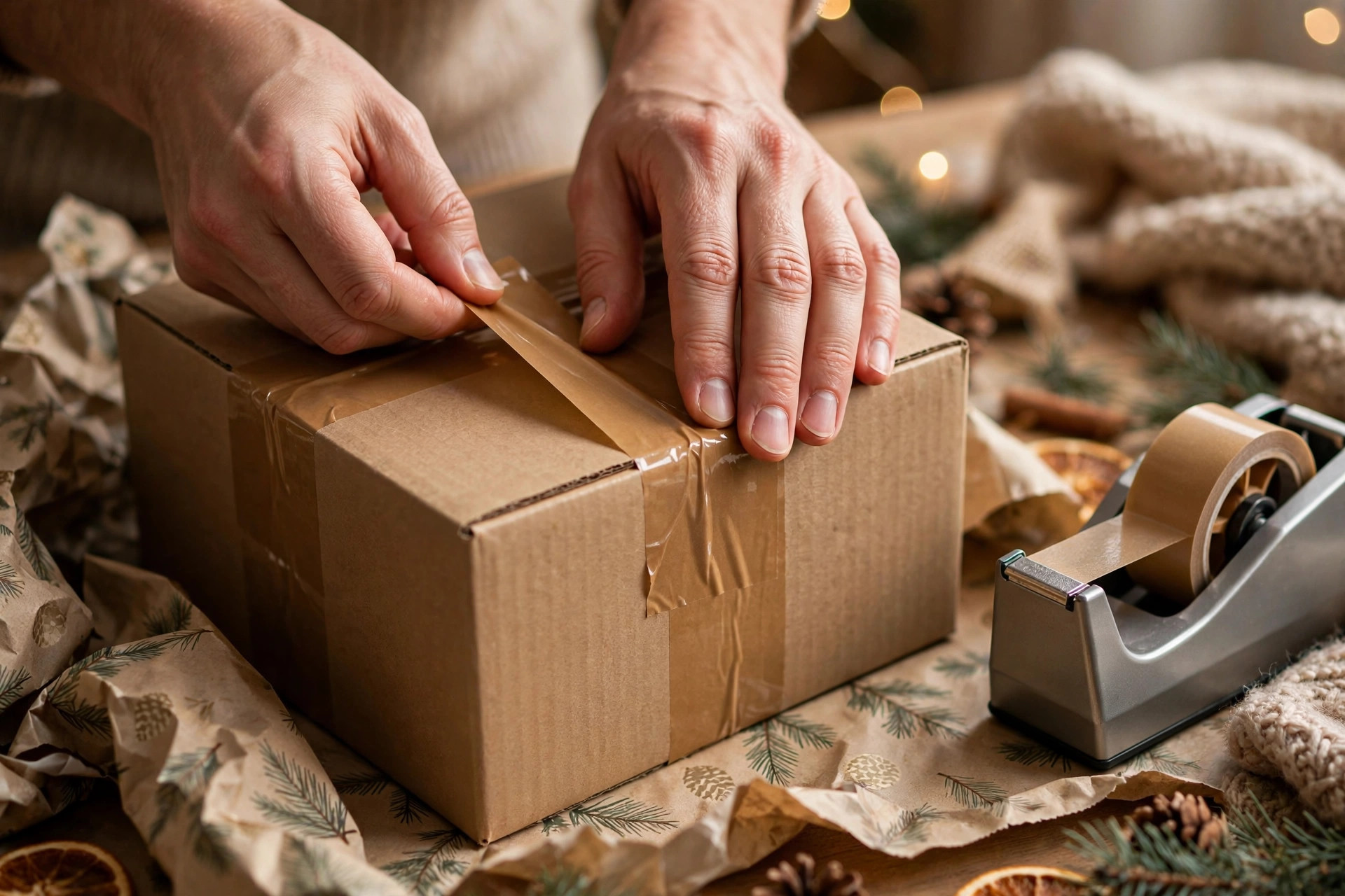 Hands pressing packing tape onto a cardboard box surrounded by holiday wrapping paper