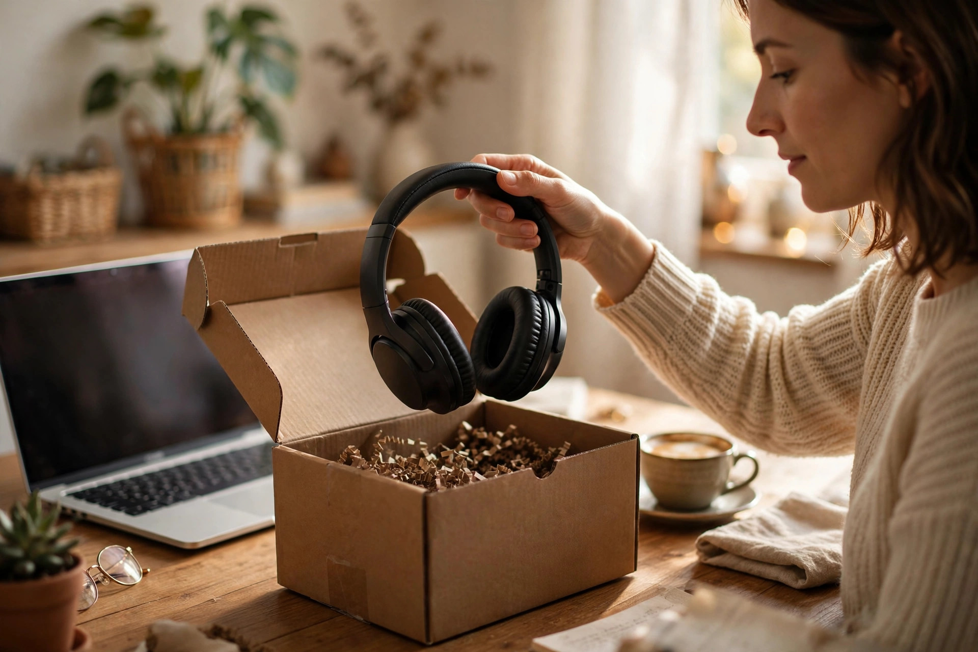 A woman at a sunlit wooden desk unboxing open-box headphones, lifting them out of the packing box with a laptop and coffee nearby