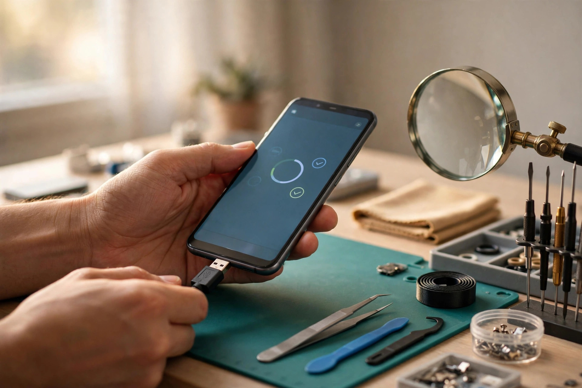 A technician inspecting a refurbished smartphone on a clean workbench, with a magnifier, precision tools, and a diagnostic on the screen