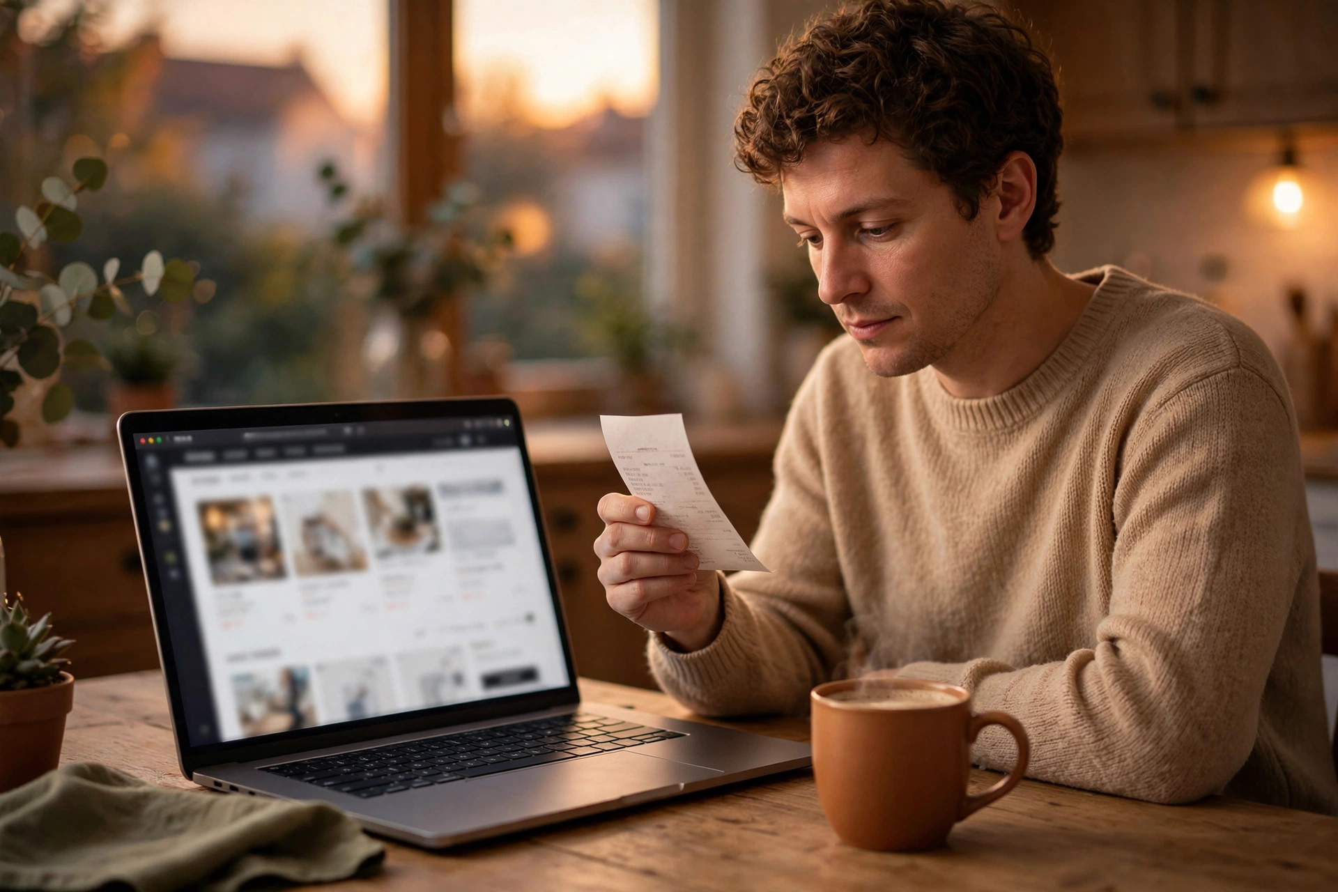 Person at a wooden table comparing a paper receipt with a laptop showing an online store page, coffee mug nearby
